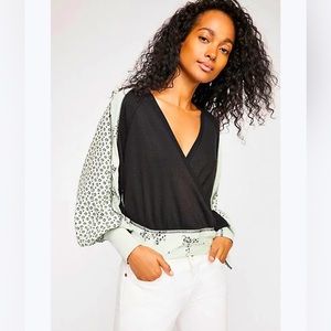 Free People Auxton Top Black Green Thermal Wrap BOHO Side Tie Size S